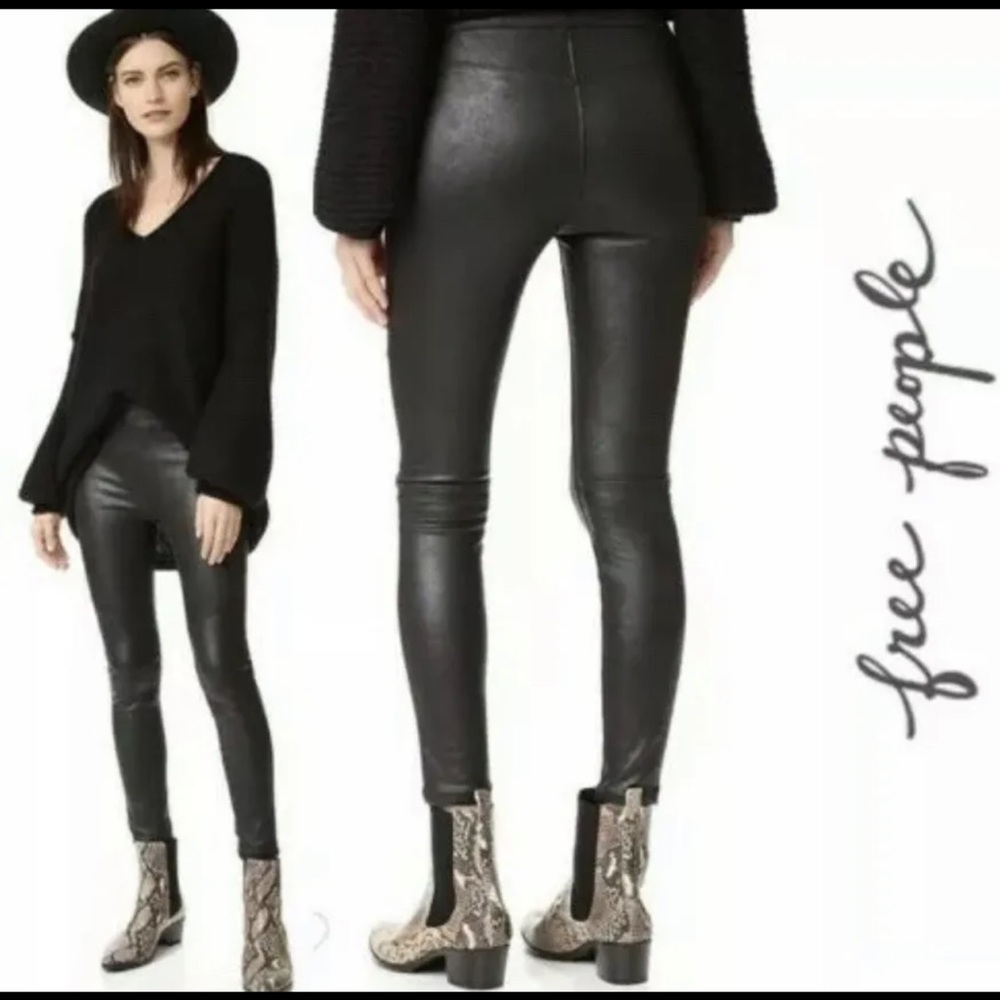 Free People Never Let Go Black Leggings Vegan Faux Leather Suede Stretch Size L